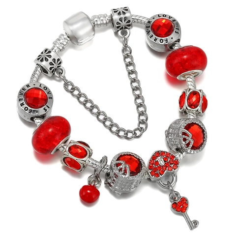 Pulsera de Cuentas con Colgante de Candado de Corazón y Llave de Cristal Rojo Aleación Plateada Cadena de Serpiente para Mujer Regalo de Joyería Romántica de San Valentín