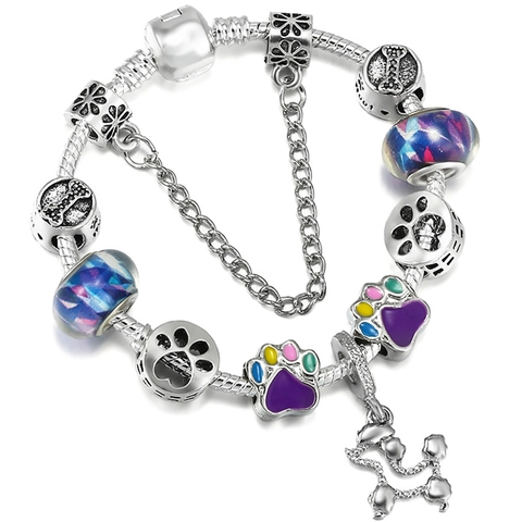Cute Cartoon Dog Paw Poodle Pendant DIY Charm Bracelet Purple Blue Glass Beads Silver Plated Snake Chain Fashion Jewelry For Women Girls
