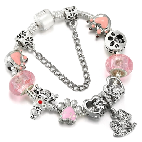 Schöne DIY Charm Armband Rosa Glasperlen Legierung Herz Rentier Schaukelpferd Anhänger Silber Schlangenkette Armband Für Mädchen Damen