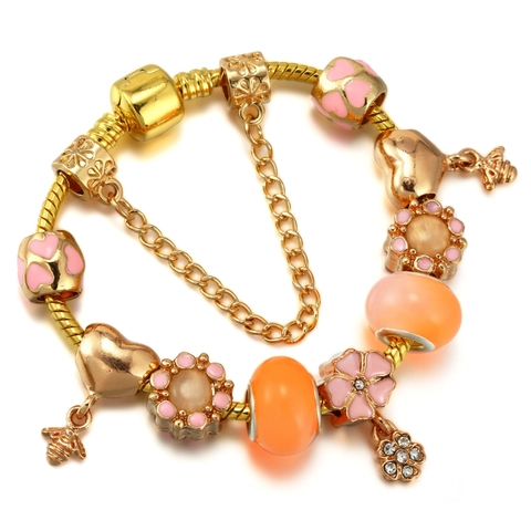 Sweet Gold Alloy Charm Bracelet With Enamel Heart Flower Bee Pendants Rhinestone Colorful Beads DIY Jewelry For Women Romantic Daily Accessory