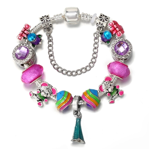 Pulsera DIY Charm de Oso de Dibujos Animados Corazón Para Mujeres Niñas Aleación Cristal Esmalte Abalorios Cadena de Serpiente Joyería Regalo