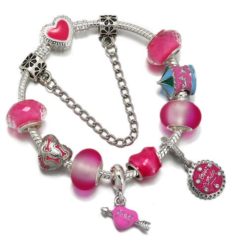 Pink Heart Carousel Charm Bracelet Alloy Enameled Beads Snake Bone Chain Jewelry For Women Birthday Party Gift Accessory