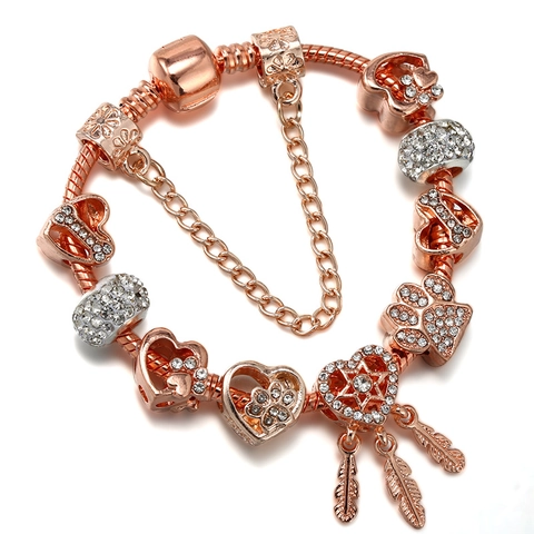 Dreamcatcher Feather Heart Charm Bracelet Rose Gold Plated Alloy Hollow Out Paw Print Sparkly Rhinestone DIY Jewelry For Women