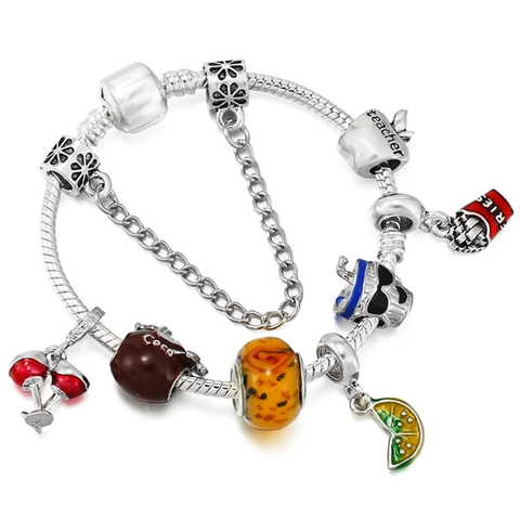 Bracelet à Breloques en Alliage Émaillé Luxury Vacation Avec Perles Verre à Vin Citron Frites Cœur Bijoux DIY pour Femme