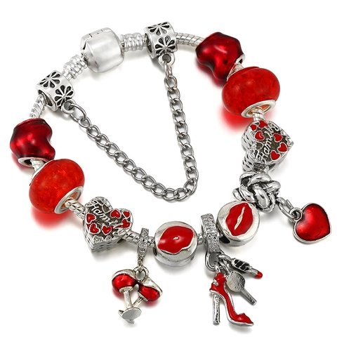 Bracelet Charme Cœur En Émail Rouge Pour Femmes Chaîne Serpent Argentée Avec Perles Rouge À Lèvres Talons Hauts Verre À Vin Bijoux