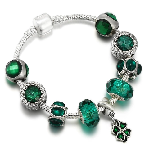 Bohemian Green Emerald Beads Four Leaf Clover Pendant Snake Chain Bracelet For Women Fashion Alloy Rhinestone Jewelry Gift