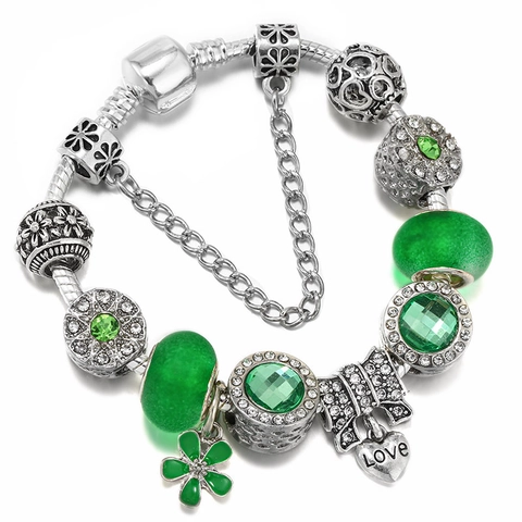Women Snake Chain Charm Bracelet With Green Lampwork Glass Beads Clover Heart Pendant Alloy Beaded Bracelet Jewelry Gift