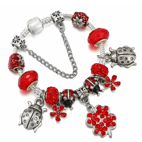 Legierung Garten Thema Charm Armband Roter Marienkäfer Erdbeere Herz Vierblättriges Kleeblatt Emaille Kristall Perlen Schlangenkette Schmuck