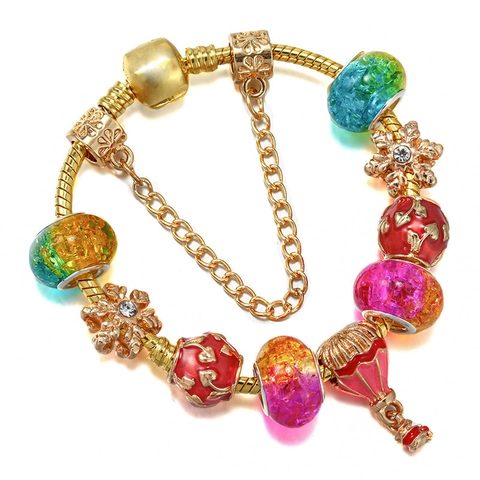 Bracelet à Charms en Alliage Plaqué Or de Mode Avec Montgolfière Flocon de Neige Cœur Perles Verre Coloré Émail Chaîne Serpent Bijoux Pour Femmes
