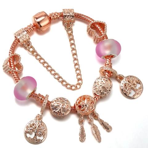 Damen Roségold Überzogene Legierung Charm Armband Lebensbaum Rosa Perlen Herz Traumfänger Anhänger Armband Schmuck