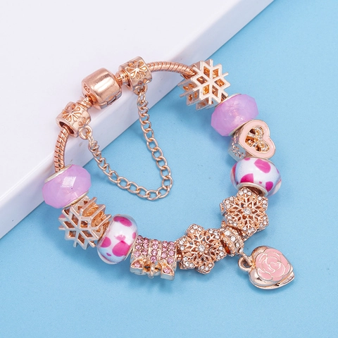 Roségoud Legering Charm Armband Met Roze Kristal Sneeuwvlok Hart Roos Kralen Voor Moederdag Valentijn Vrouwen Sieraden