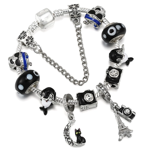 Pulsera de Charms con Cuentas DIY para Mujer Cadena de Serpiente Plateada Aleación Esmalte Torre Eiffel Cámara Delfín Gato Luna Colgante Joyería Regalo