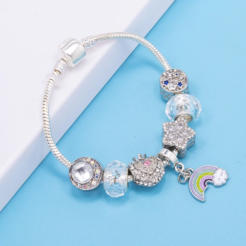 Pandora Style Snake Bone Bracelet For Women Alloy Rhinestone Crystal Rainbow Heart Star Moon Drip Oil Charms Bracelet
