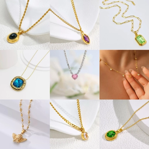 Light Luxury Stainless Steel Zirconia Pendant Necklace Gold Silver Toned Colored Gemstone Clavicle Chain Jewelry For Women