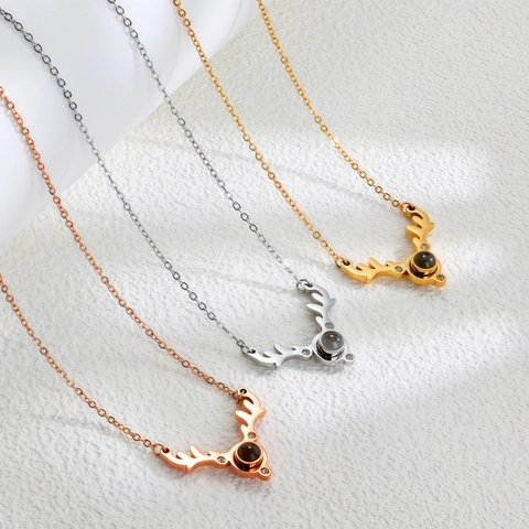 Titanium Steel Antler Pendant Necklace For Women Elegant Reindeer Horn Projection Stone Micro Zirconia Inlaid Jewelry Gift