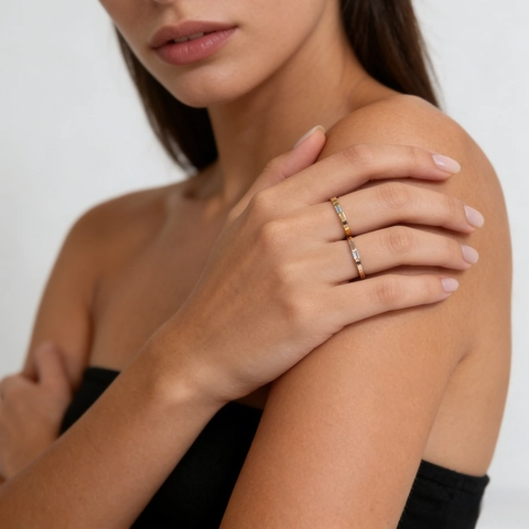 Minimalistisch Edelstahl Baguette-Strass Ring Für Damen Gold Roségold Galvanisiert Mode Schmuck Süß Frisch Fingerring