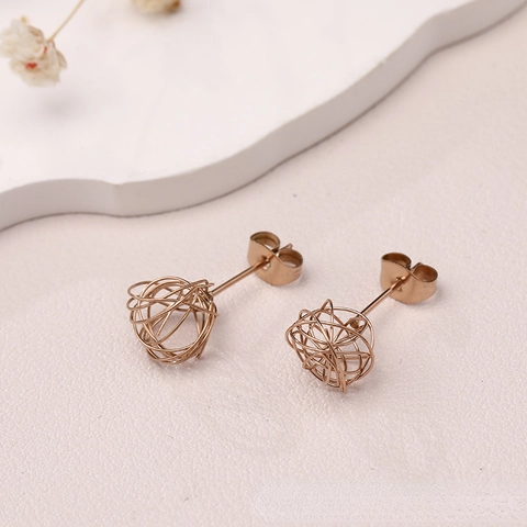 Pendientes Minimalistas de Acero Inoxidable con Bola de Alambre Hueca Pendientes de Botón Redondos Tejidos Geométricos Oro Rosa