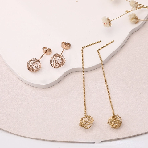 Pendientes Minimalistas de Acero Inoxidable con Bola de Alambre Hueca Pendientes de Botón Redondos Tejidos Geométricos Oro Rosa