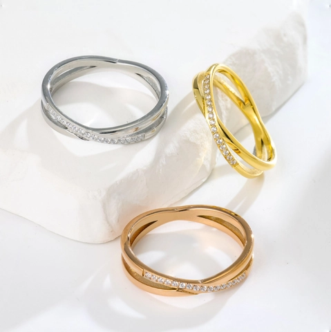 Stainless Steel Cross Ring Cubic Zirconia Double Layer Micro Inlaid Fashion Jewelry For Women Men Minimalist Finger Ring