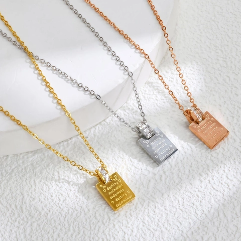 Minimalist Titanium Steel Pendant Necklace Destiny Soulmate Lettering Heart Rectangle Bar Zirconia Inlaid Jewelry For Women
