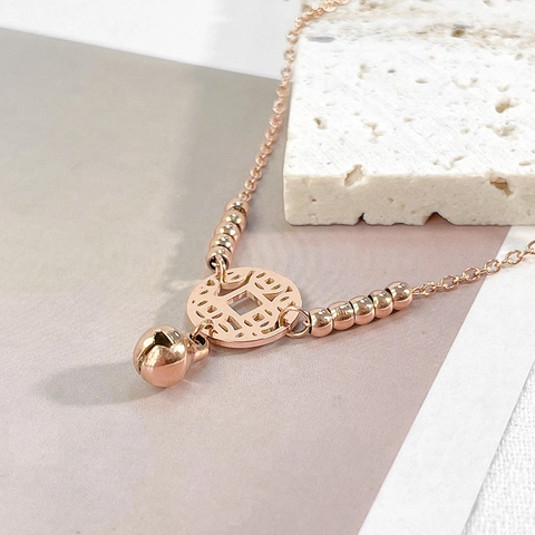 Stainless Steel Anklet Women Retro Hollow Ancient Coin Charm Bell Pendant Rose Gold Silver Color Adjustable Jewelry