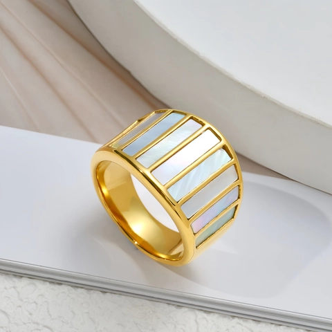 Frans Minimalistisch Verguld Roestvrij Stalen Brede Ring Voor Dames Met Geometrische Witte Schelp Parelmoer Inleg Sieraden