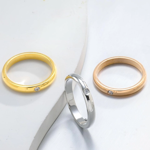 Minimalist Stainless Steel Inlaid Rhinestone Ring For Couples Vintage Electroplated Gold Rose Gold Silver Band Ring