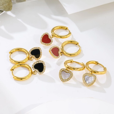 Vintage Heart Cubic Zirconia Hoop Earrings Stainless Steel Gold Silver Enamel Shell Pendant Earrings For Women Jewelry Gift