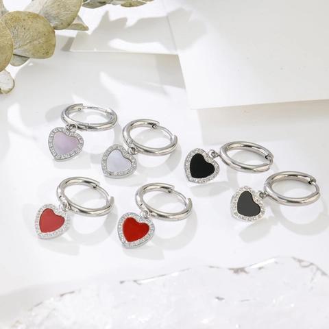 Vintage Heart Cubic Zirconia Hoop Earrings Stainless Steel Gold Silver Enamel Shell Pendant Earrings For Women Jewelry Gift