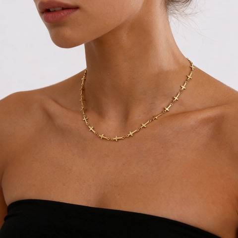 Hip Hop Punk Cross Link Necklace For Women Titanium Steel Gold Plated Clavicle Chain Minimalist Tarnish Resistant Jewelry