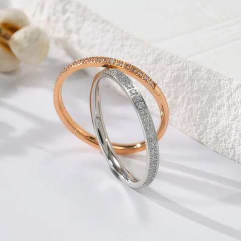 Bague Minimaliste en Acier Inoxydable avec Demi-Cercle de Strass pour Femme Mode Or Rose Argent Couleur Fine Bague Anneau