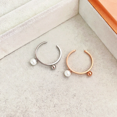 Bague Ouverte Minimaliste en Acier Inoxydable pour Femme Bijoux Perle Artificielle et Boule de Métal Réglable Plaqué Or Argent