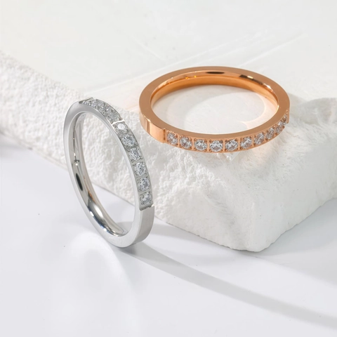 Fashion Stainless Steel Half Eternity Band Ring For Women Zirconia Inlaid Rose Gold Silver Plated Finger Ring Jewelry
