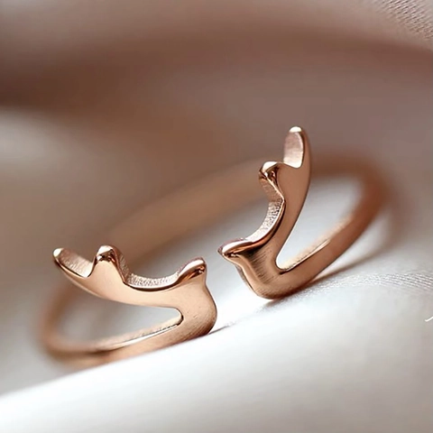 Minimalistisch Edelstahl Geweih Offen Ring Roségold Plattiert Rentier Horn Verstellbar Mode Fingerring Für Damen Schmuck