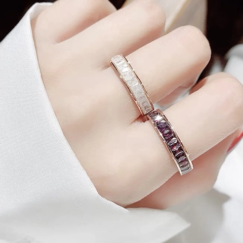 Trendy Stainless Steel Rectangular Rhinestone Pave Ring For Women Minimalist Rose Gold Geometric Eternal Band Fashion Jewelry
