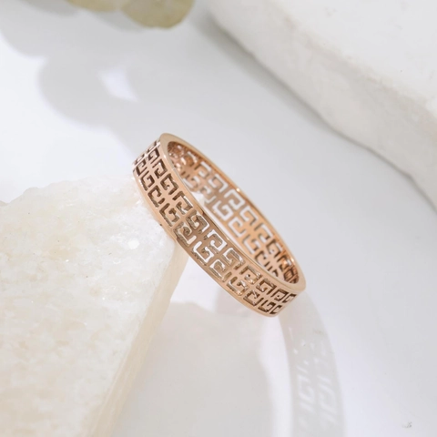 Vintage Stainless Steel Hollow Great Wall Pattern Ring For Men Women Rose Gold Greek Key Geometric Minimalist Band Finger Ring