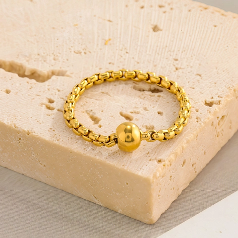 Minimalistischer Edelstahl Box-Kette Ring Für Damen Vergoldet Polierte Perle Dekor Einfacher Geometrischer Mode Fingerring Schmuck