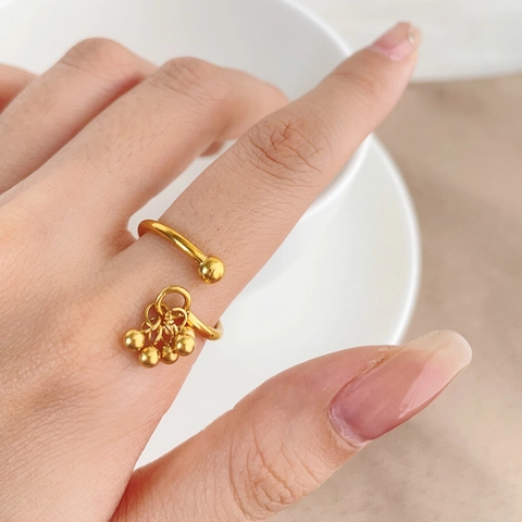 Stainless Steel Open Ring For Women Personalized Hanging Gold Beads Tassel Adjustable Fashion Jewelry Finger Ring Gift