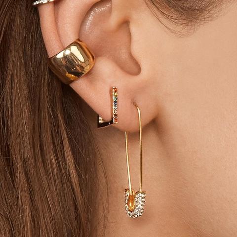 Fashion Alloy Rhinestone Safety Pin Earrings For Women Punk Paperclip Stud Earrings Gold Silver Rose Gold Pave Earrings