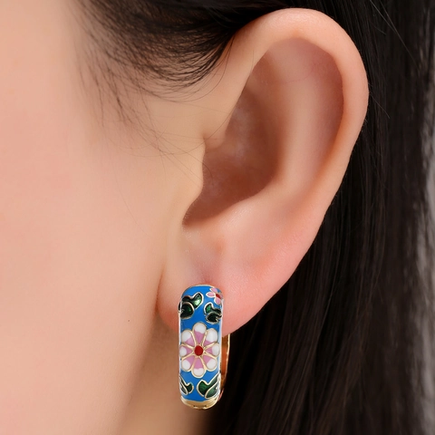 Vintage Chinese Style Enamel Floral Hoop Earrings And Bangle Bracelets Colorful Copper Drip Oil Jewelry Set For Women Gift