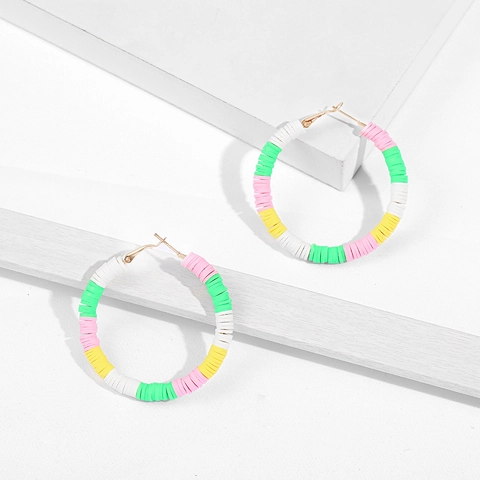 Bohemian Colorful Polymer Clay Heishi Beads C-Shaped Hoop Earrings For Women Summer Beach Handmade Alloy Jewelry Ear Studs