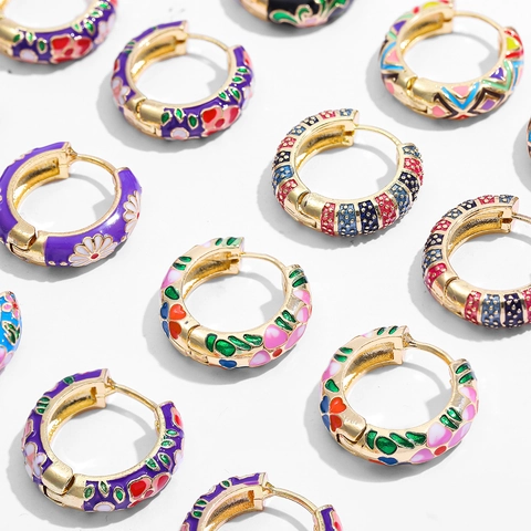 Vintage Chinese Style Enamel Floral Hoop Earrings And Bangle Bracelets Colorful Copper Drip Oil Jewelry Set For Women Gift