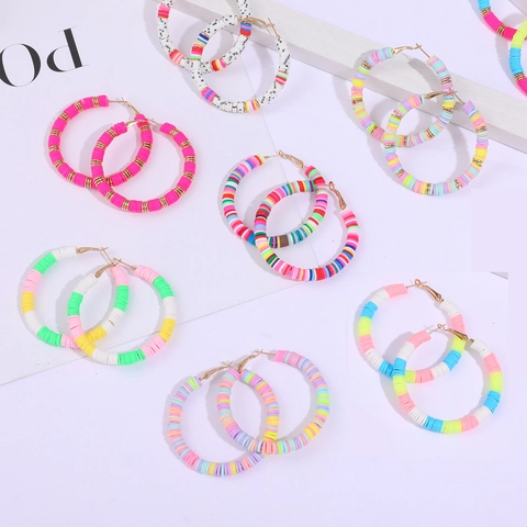 Bohemian Colorful Polymer Clay Heishi Beads C-Shaped Hoop Earrings For Women Summer Beach Handmade Alloy Jewelry Ear Studs