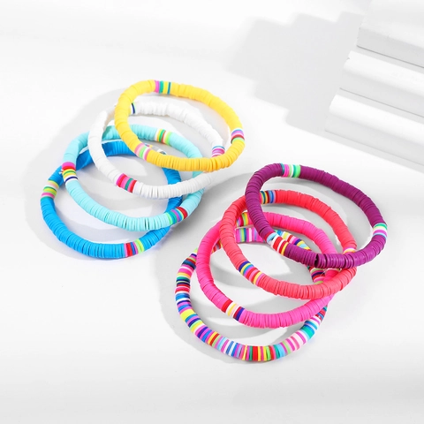 Böhmische Bunte Polymer-Ton Heishi Perlen Armbänder Kollektion Für Damen Sommer Strand Urlaub Handgefertigter Elastischer Stapelschmuck