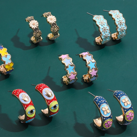 Vintage Westliche C-Förmige Ohrringe Damen Kupfer Emaille Bunte Gänseblümchen Böser Blick Stern Muster Trendiger Schmuck
