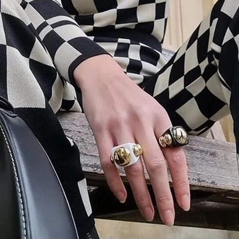 Y2K Retro Chunky Resin Ring Colorful Geometric Jelly Ring With Gold Metal Beads Statement Rings For Women Summer Jewelry