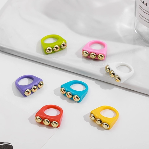 Retro Candy Color Resin Ring For Women Chunky Pop Art Design Gold Metal Beads Inlaid Band Ring Fashion Y2K Hand Jewelry Gift
