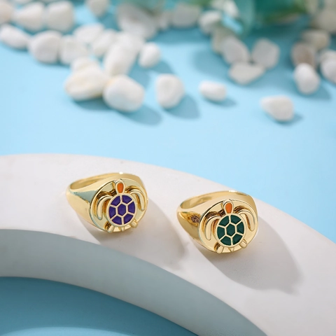 Mode Legierung Vergoldet Meeresschildkröte Siegelring Bunte Emaille Tier Fingerring Für Damen Herren Nautischer Schmuck