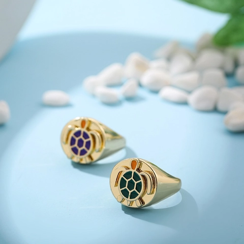 Mode Legierung Vergoldet Meeresschildkröte Siegelring Bunte Emaille Tier Fingerring Für Damen Herren Nautischer Schmuck