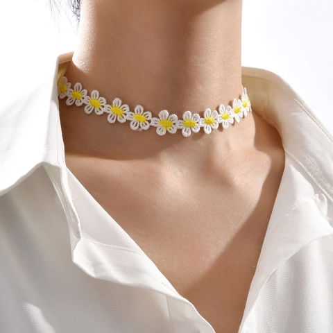 Y2K Esthetische Madeliefje Borduurwerk Choker Ketting Voor Vrouwen Meisjes Handgemaakte Stof Kant Zoete Pastorale Halsketting